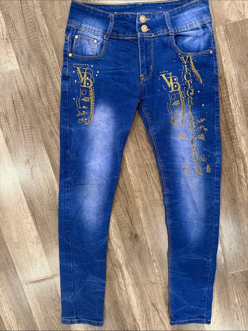 Victoria Beckham-Style Women’s Slim Fit Blue Jeans with Gold Print